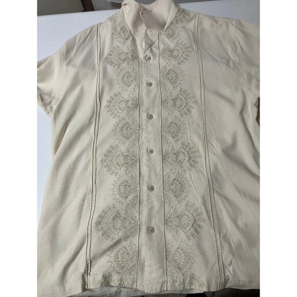 Tommy Bahama Mens Large 100% Silk Hawaiian Shirt Beige Floral Embroidered Design - Picture 4 of 10